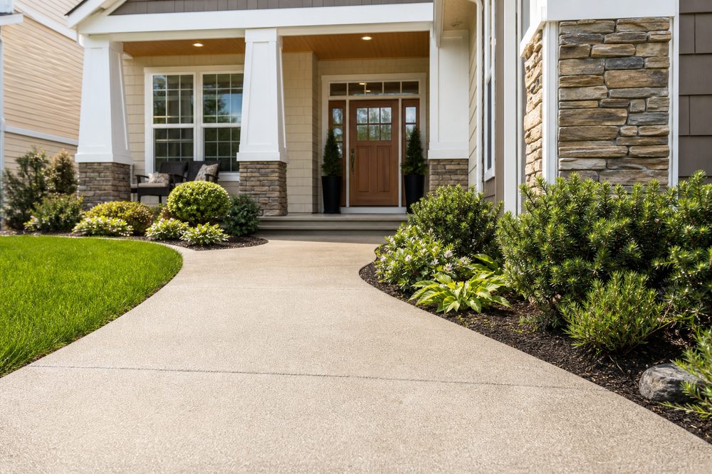 Clean concrete sidewalk and walkway leading to a home entryway after pressure washing