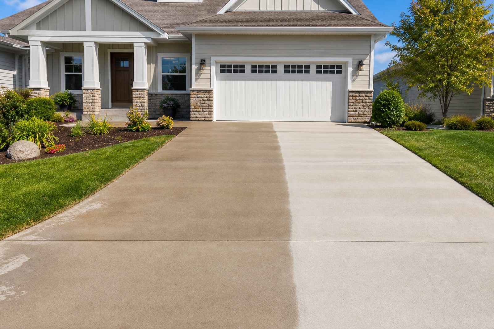 Freshly pressure washed concrete driveway at a Medford, Oregon home