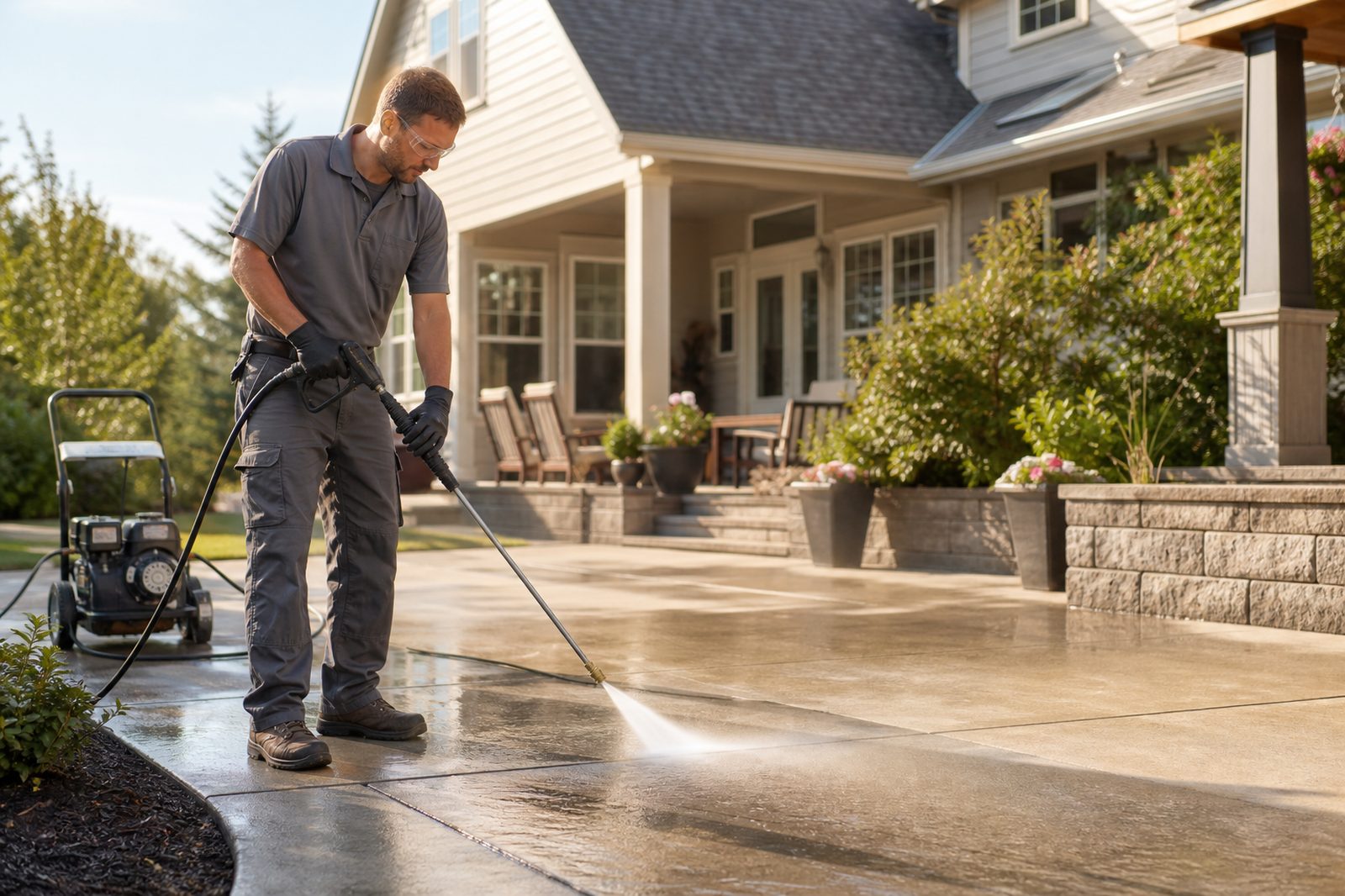 Top Notch Cleaning technician pressure washing a residential concrete patio