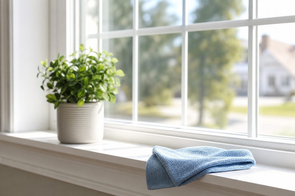 Spotless interior window glass and clean white window frame Spotless interior window glass and clean white window frame