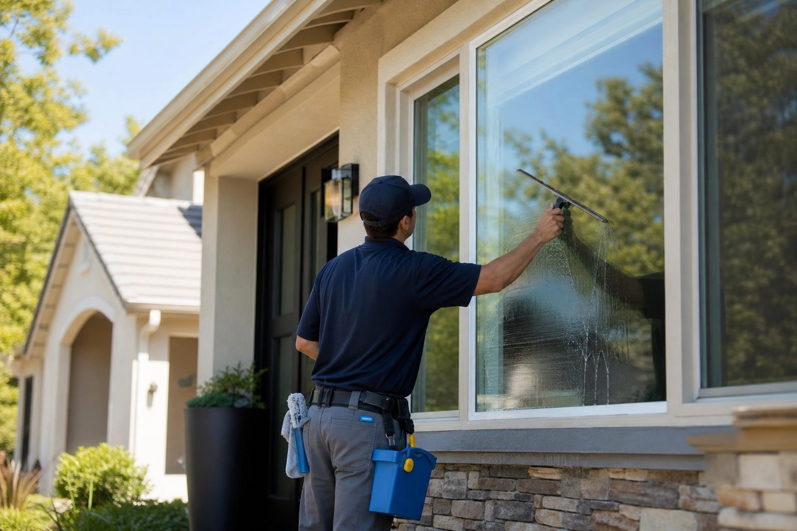 Window cleaner using a squeegee on an exterior residential window Window cleaner using a squeegee on an exterior residential window